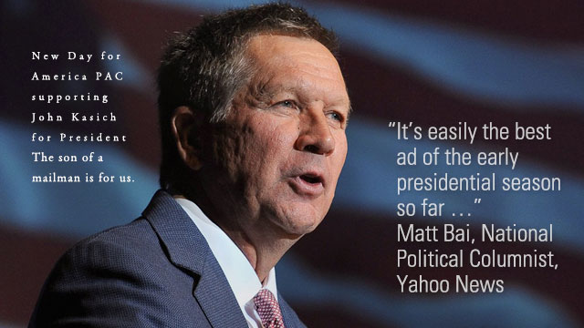 New Day for America PAC supporting John Kasich for President -- The son of a mailman is for us. ::: 
It’s easily the best ad of the early presidential season so far ... -- Matt Bai, National Political Columnist, Yahoo News
